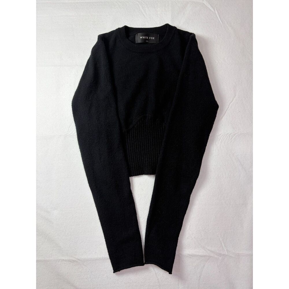 White Fox Long Sleeve Cropped Corset Crewneck Sweater Black Minimalist Small